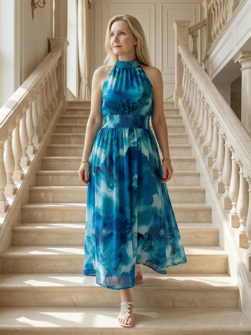 EVA | ROBE MIDI À ENCOLURE HALTER FRONCÉE SYLIN