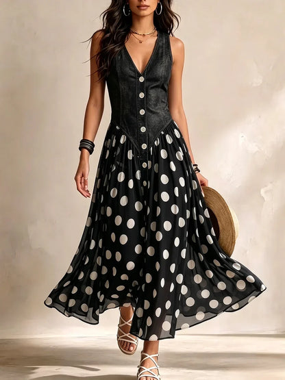 MARGUERITE | Robe Longue Denim à Pois