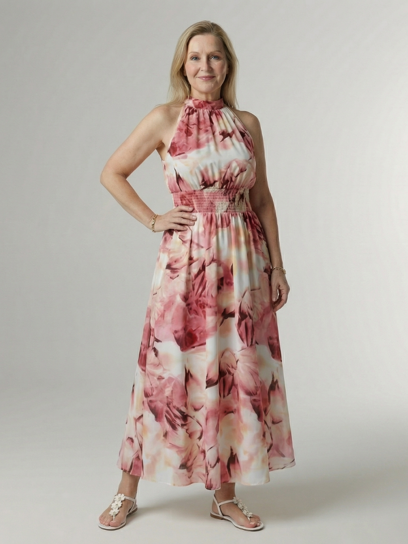 EVA | ROBE MIDI À ENCOLURE HALTER FRONCÉE SYLIN