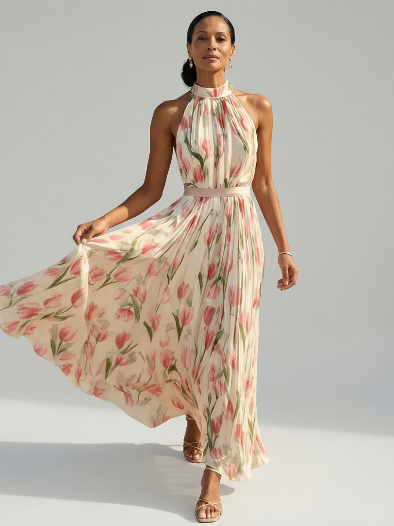 BRIGITTE | ROBE MIDI À COL HALTER À FLEURS AURELLE