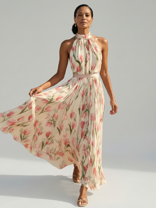 BRIGITTE | ROBE MIDI À COL HALTER À FLEURS AURELLE