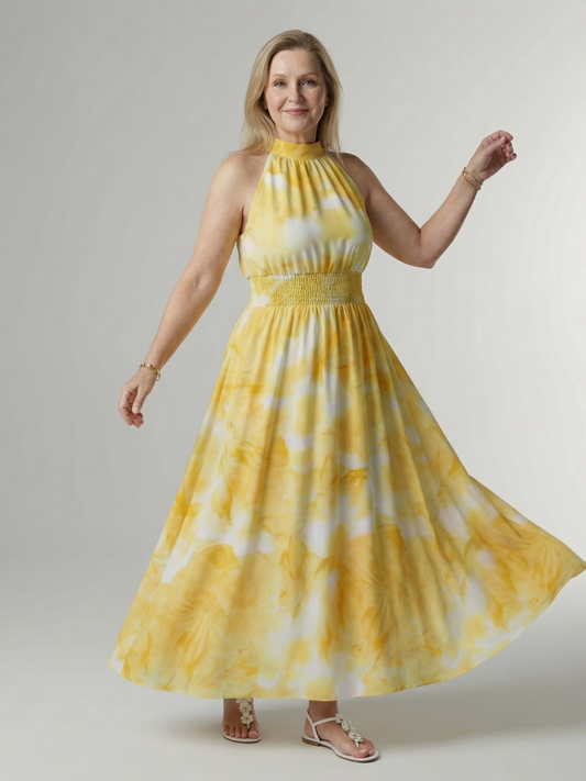 EVA | ROBE MIDI À ENCOLURE HALTER FRONCÉE SYLIN