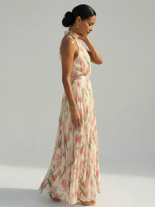 BRIGITTE | ROBE MIDI À COL HALTER À FLEURS AURELLE