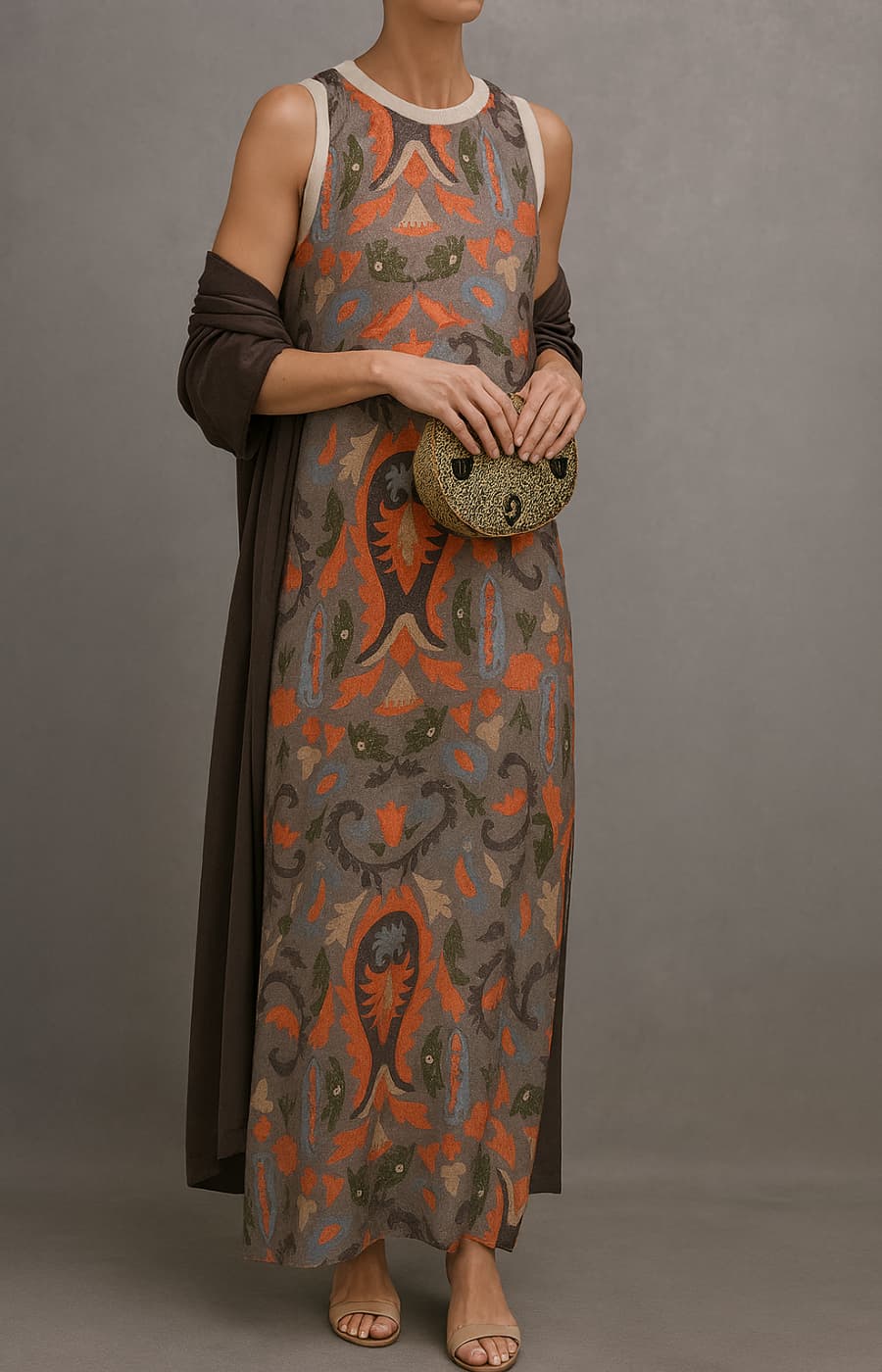 Élodie | Ensemble robe longue imprimée avec gilet assorti