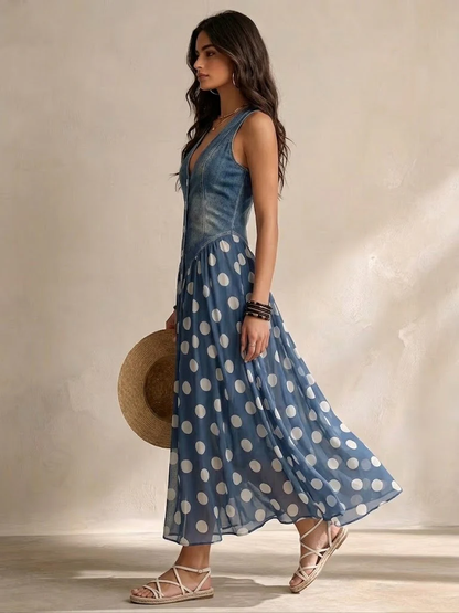 MARGUERITE | Robe Longue Denim à Pois
