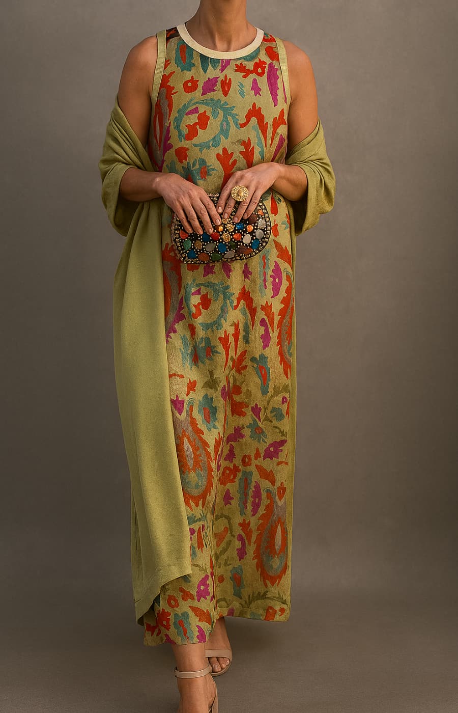 Élodie | Ensemble robe longue imprimée avec gilet assorti