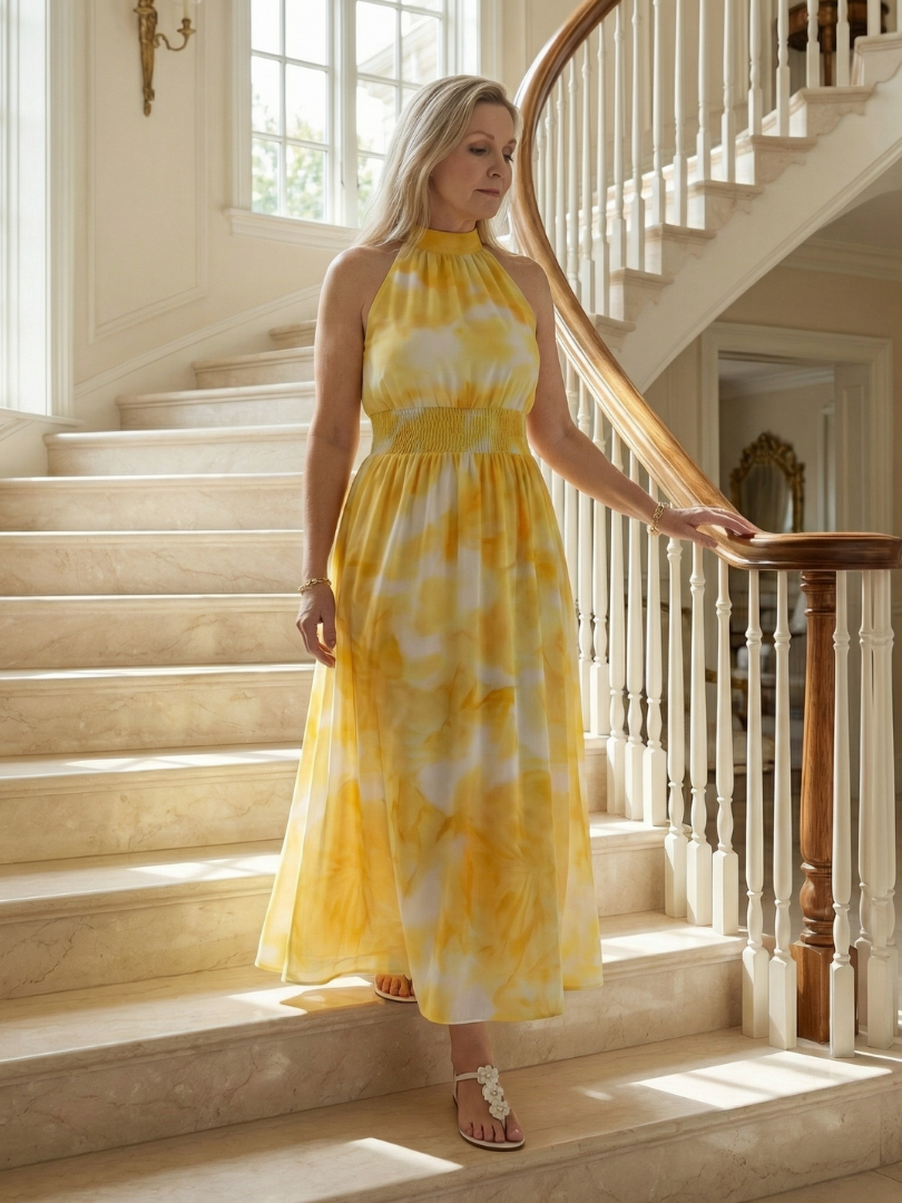 EVA | ROBE MIDI À ENCOLURE HALTER FRONCÉE SYLIN