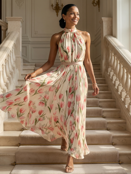 BRIGITTE | ROBE MIDI À COL HALTER À FLEURS AURELLE