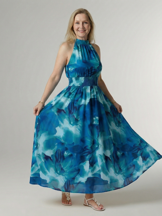 EVA | ROBE MIDI À ENCOLURE HALTER FRONCÉE SYLIN