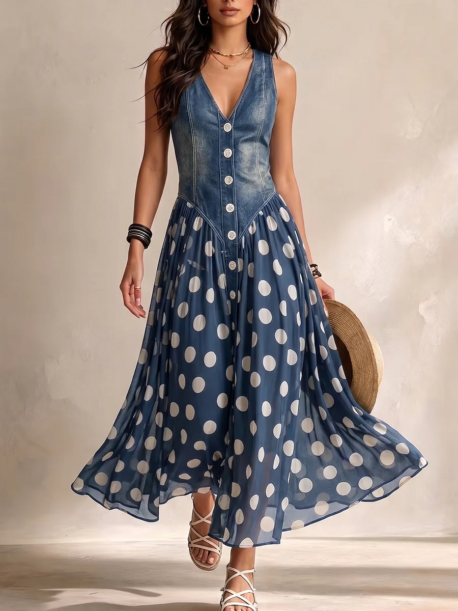 MARGUERITE | Robe Longue Denim à Pois