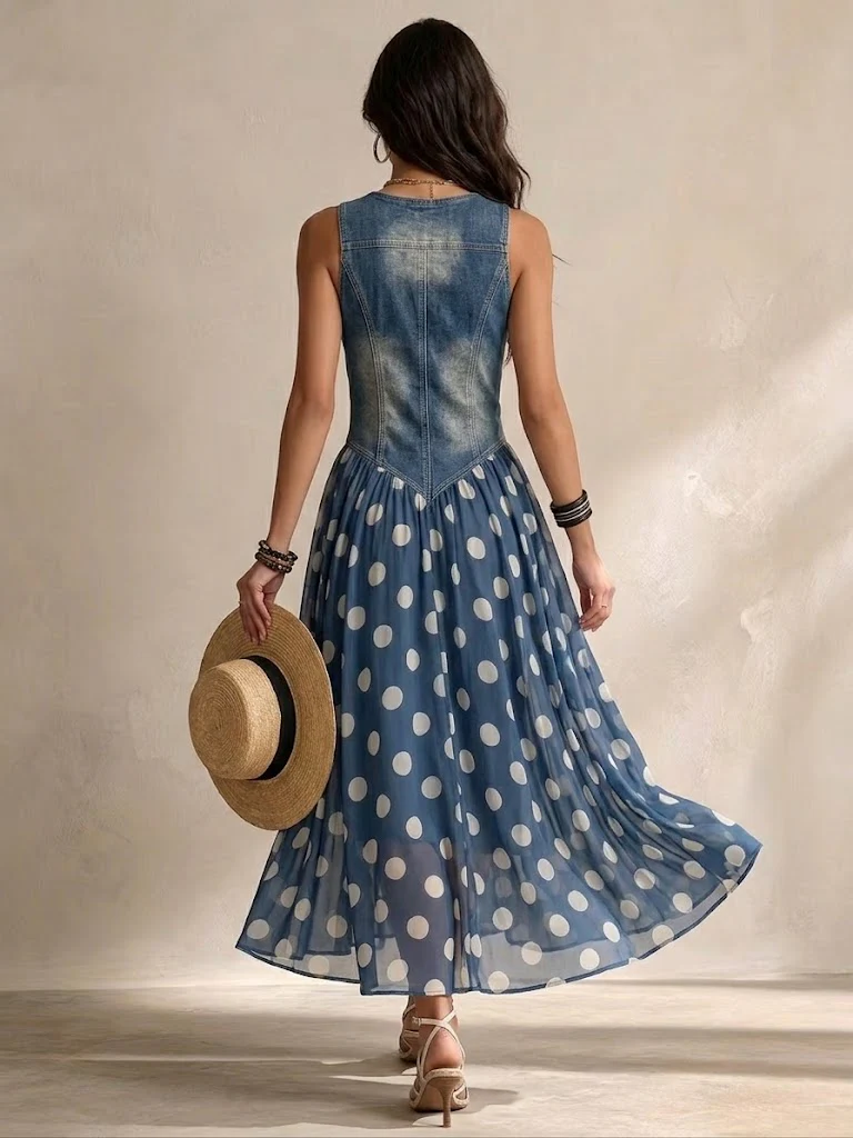 MARGUERITE | Robe Longue Denim à Pois