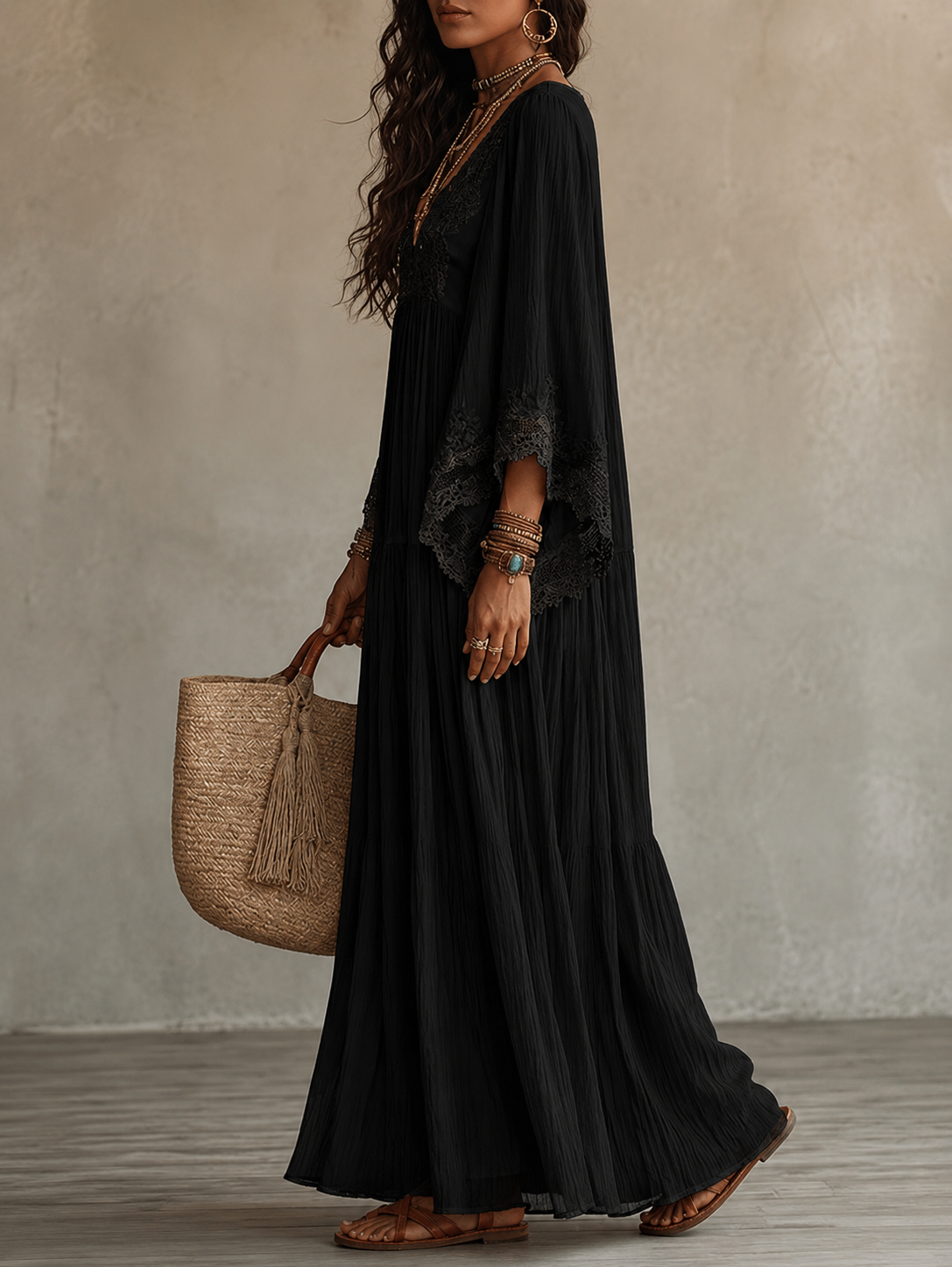CORALIE | ROBE LONGUE EN CHIFFON IVOIRE ET DENTELLE