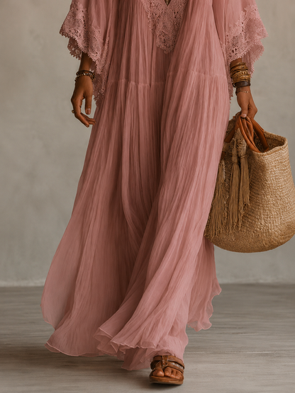 CORALIE | ROBE LONGUE EN CHIFFON IVOIRE ET DENTELLE