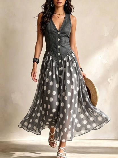 MARGUERITE | Robe Longue Denim à Pois