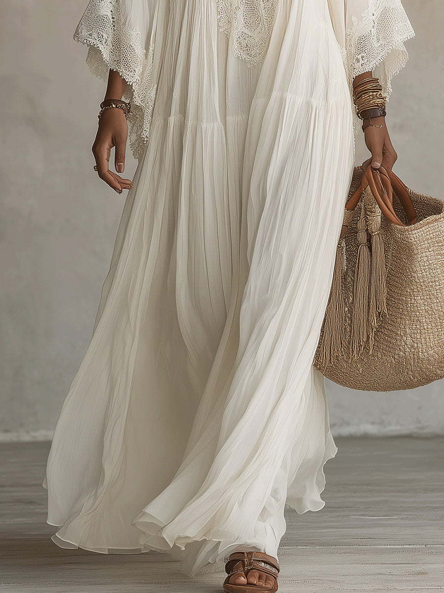 CORALIE | ROBE LONGUE EN CHIFFON IVOIRE ET DENTELLE