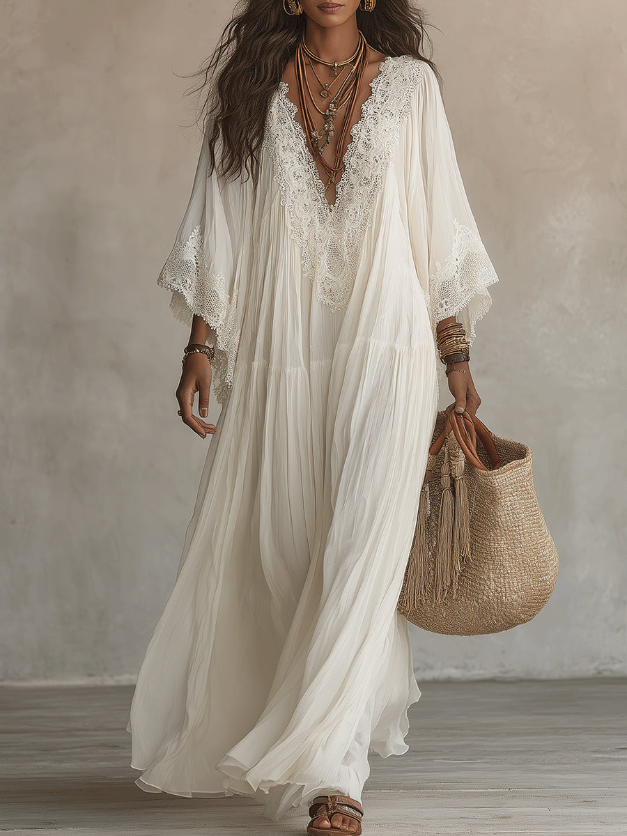 CORALIE | ROBE LONGUE EN CHIFFON IVOIRE ET DENTELLE