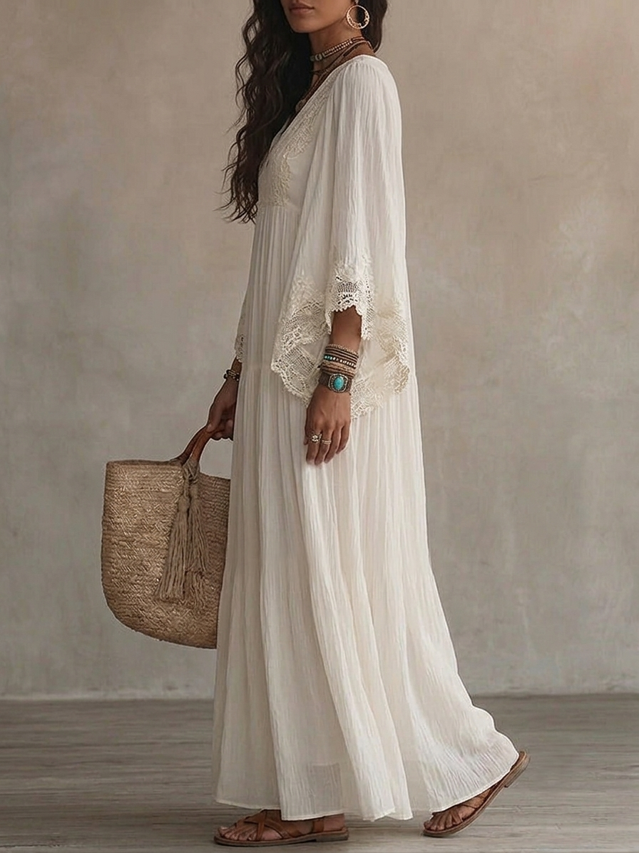 CORALIE | ROBE LONGUE EN CHIFFON IVOIRE ET DENTELLE